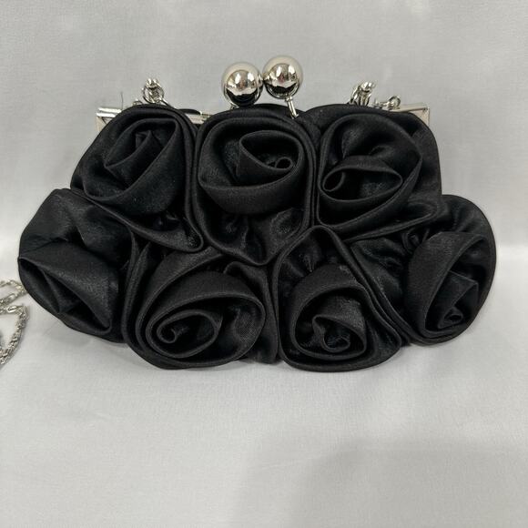 Women's Black Evening Clutch Floral Handbag Party Purse Detachable Chain Strap - Picture 8 of 16